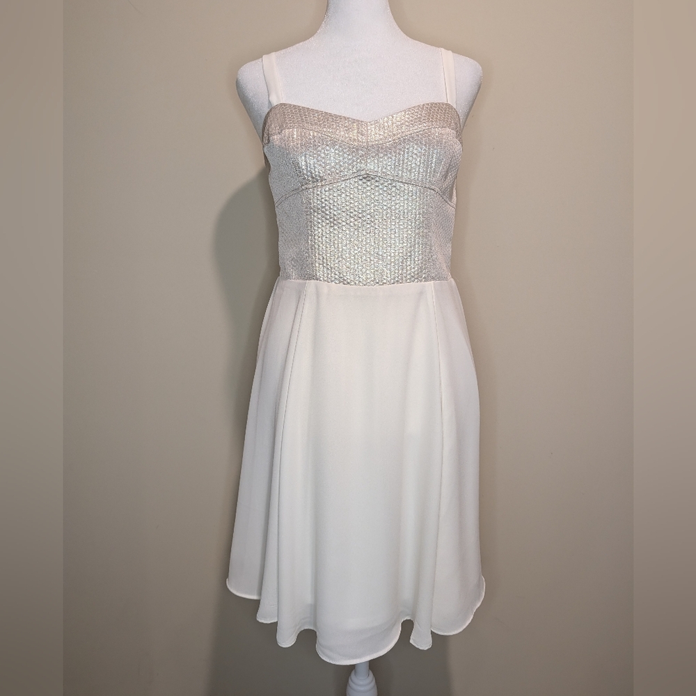 Express Ivory Chiffon Mini Dress with Gold Foil Bodice